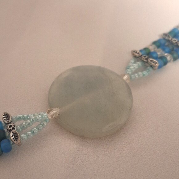 Artisan Beaded 3 Strand Green Blue Gemstone Frosted Glass and Crystal Bracelet - Picture 2 of 6